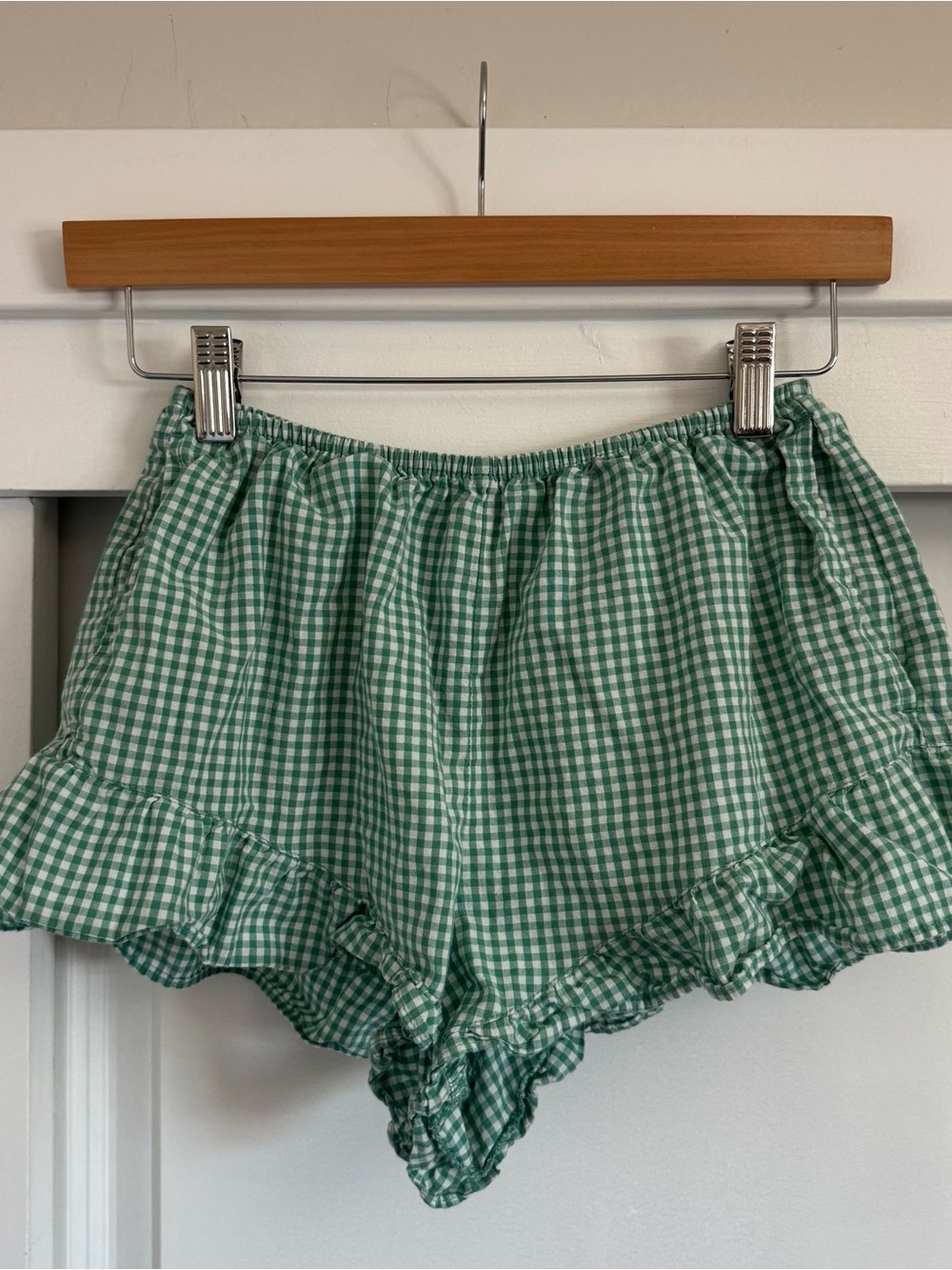 Auden Green Gingham High-Waist Ruffle Shorts